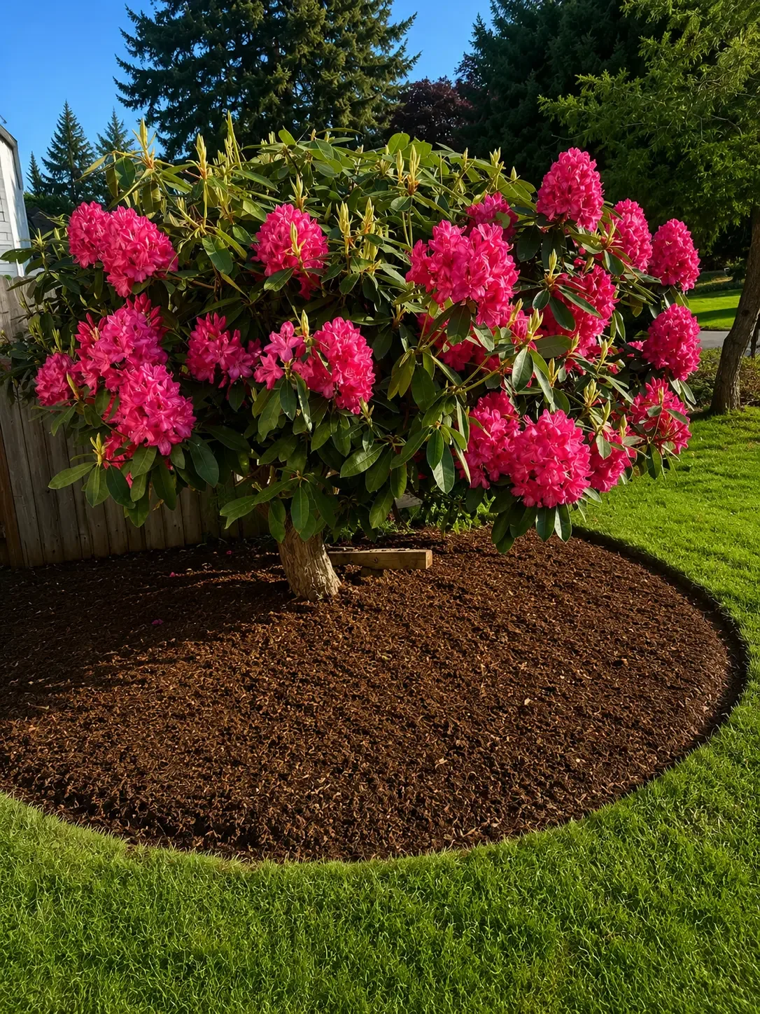 Rhododendron in full pink bloom over a freshly mulched circular bed with a crisp lawn edge