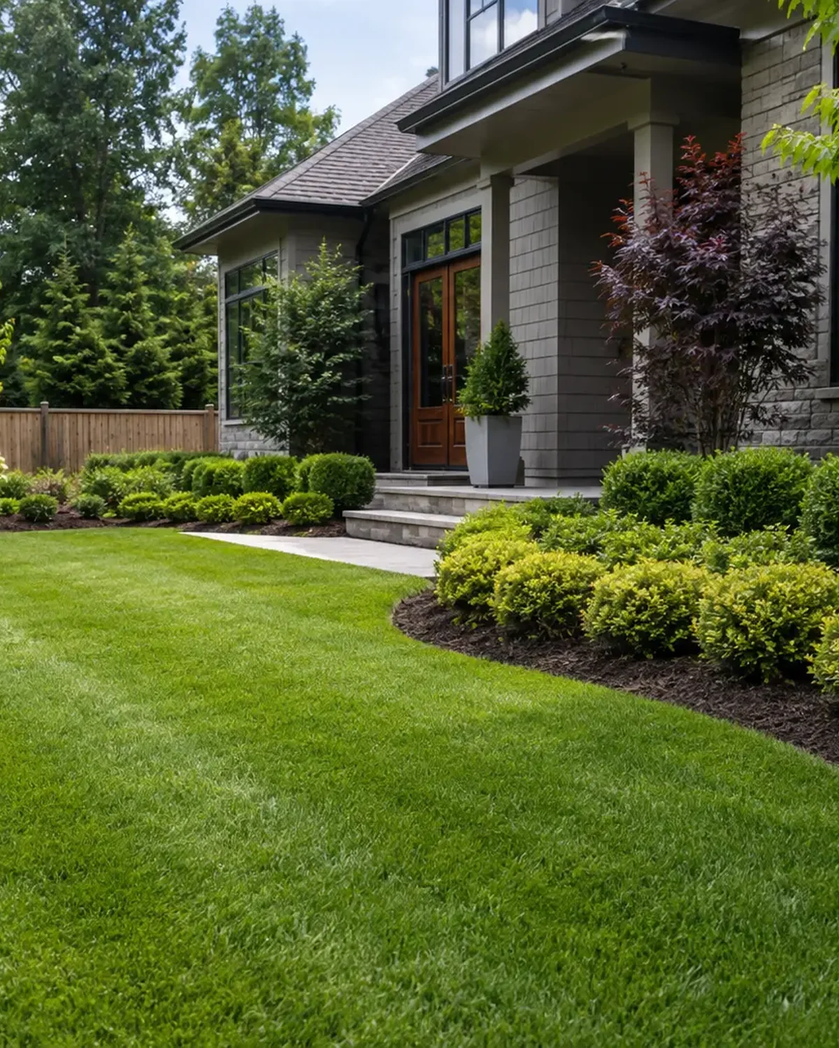 A striped, freshly mowed front lawn with curved dark mulch beds and rounded shrubs at a Royalty Landscaping property