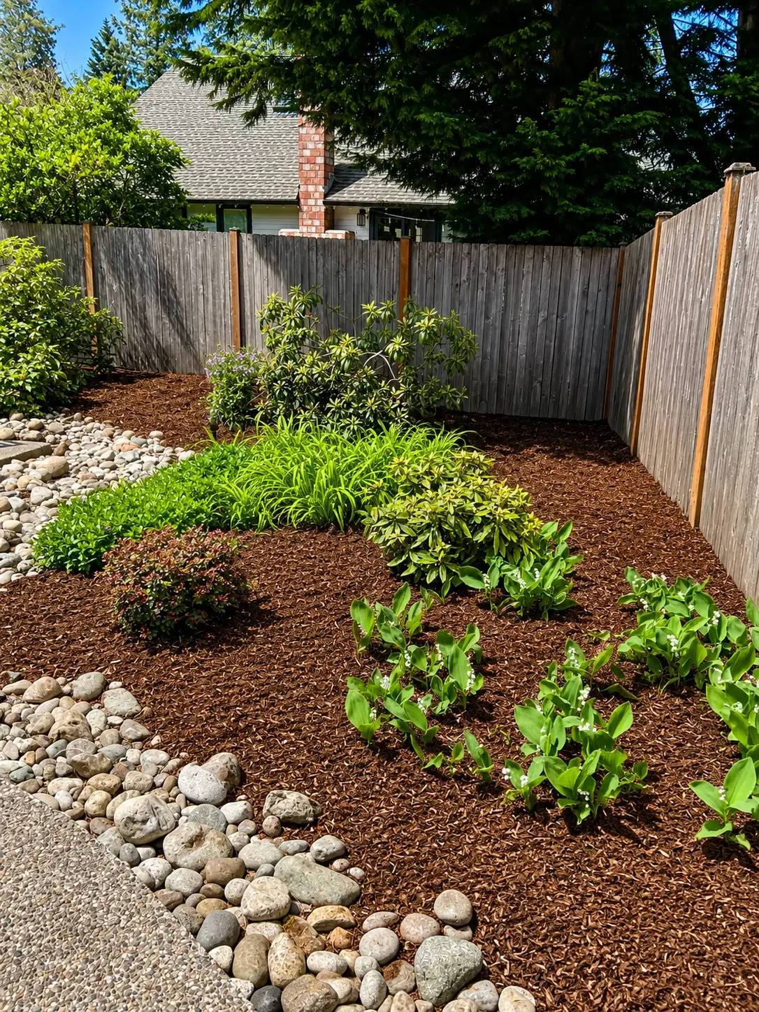 Fresh bark bed with new shrubs and a river-rock border beside a walkway at a residential Royalty Landscaping project