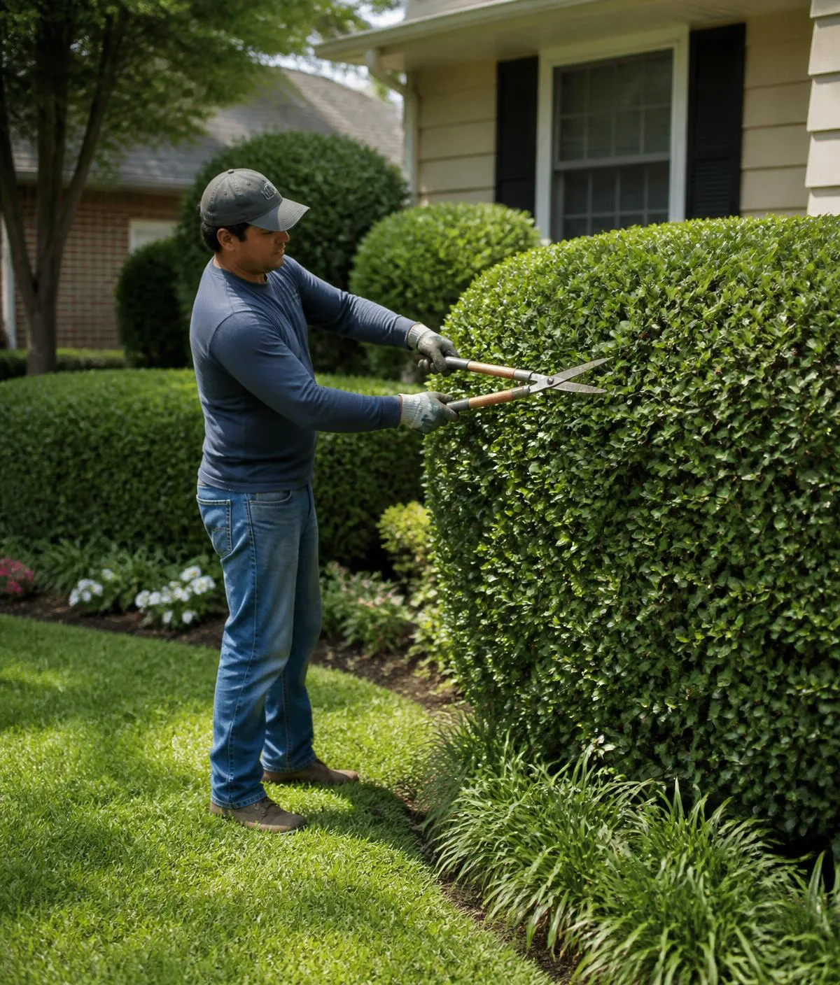 A Royalty Landscaping crew member hand-shaping a boxwood hedge with shears in a residential front yard