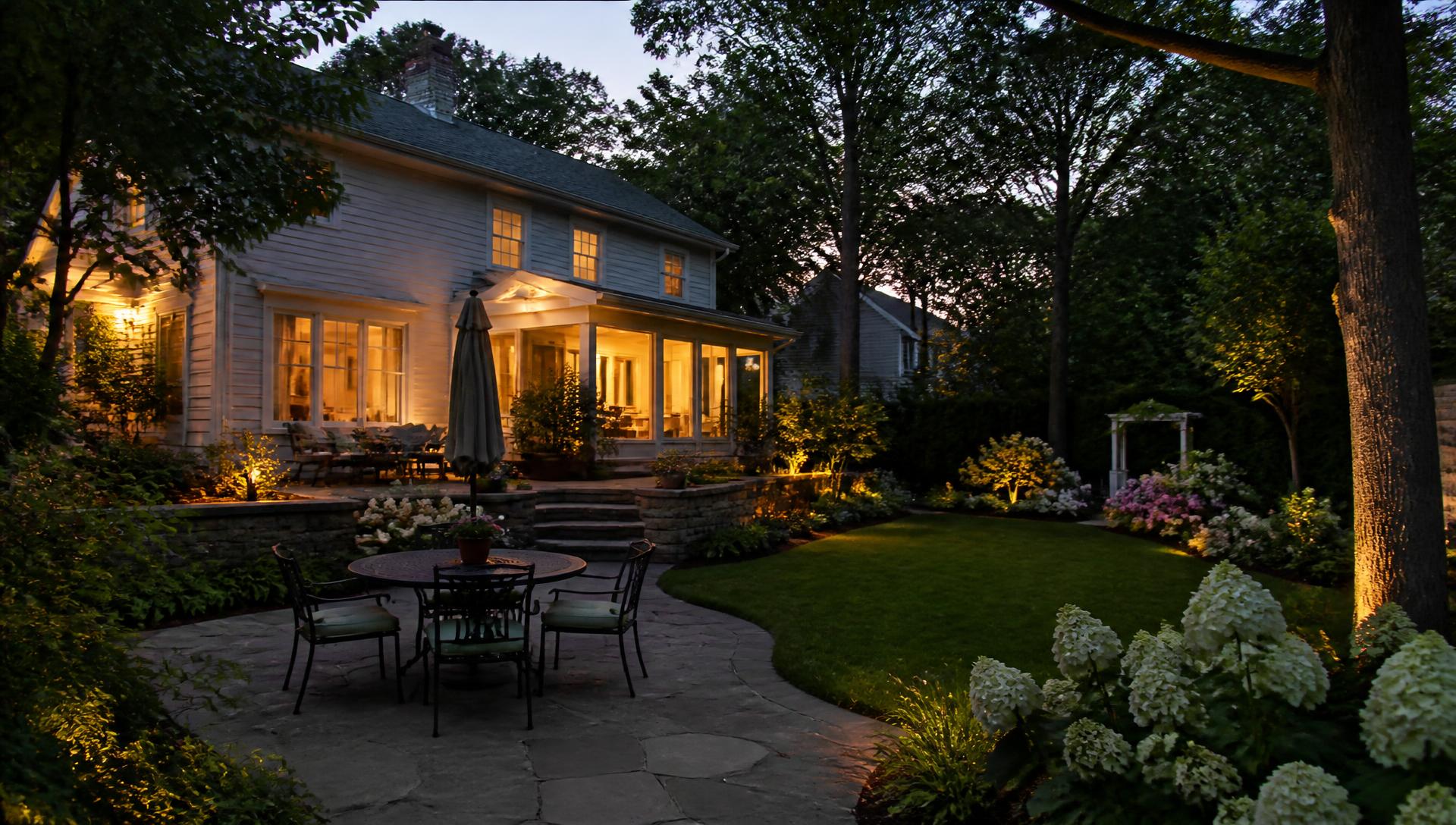 A maintained residential landscape at dusk