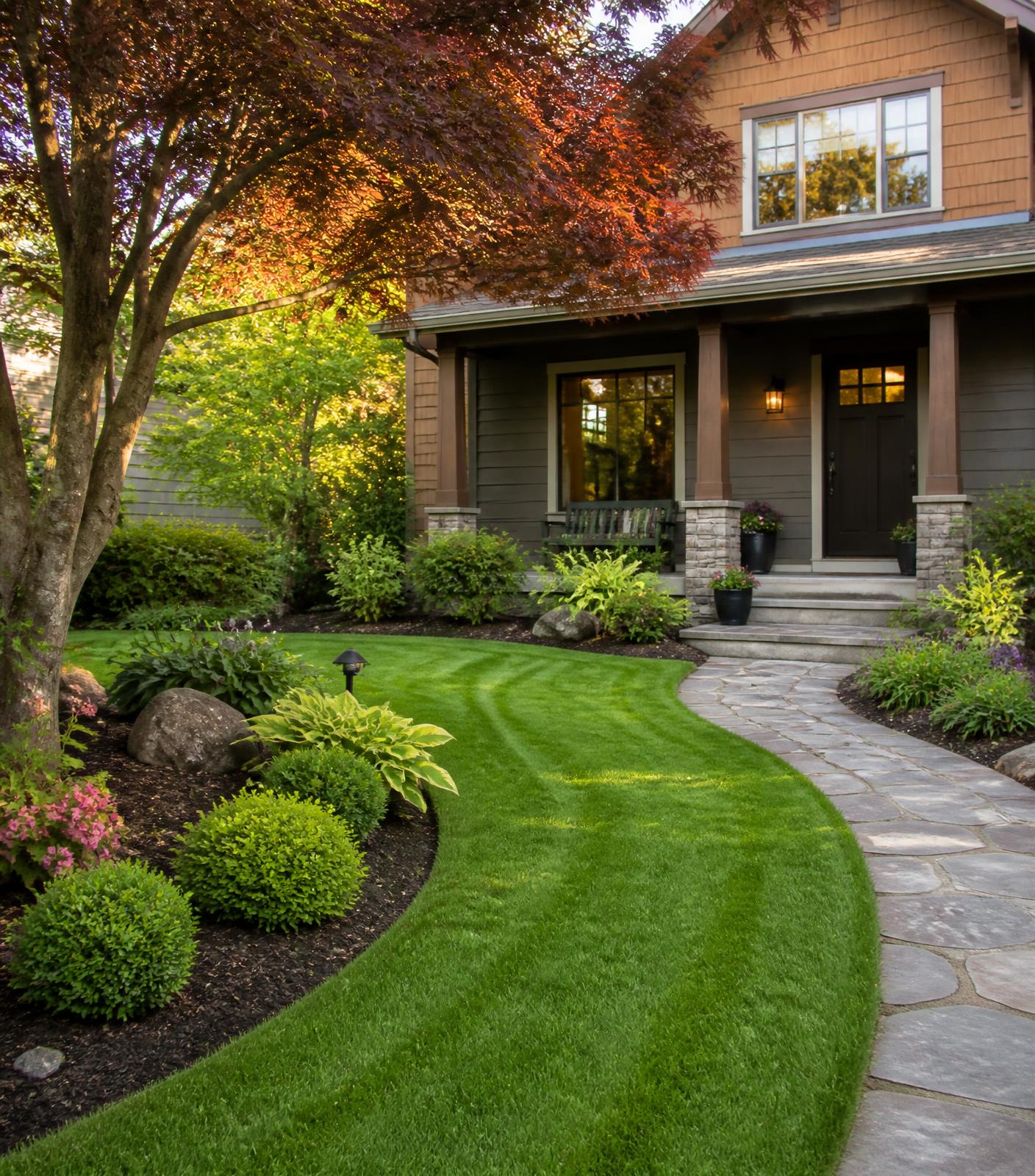 A well-kept front yard with a striped lawn, layered planting beds and a stone walkway
