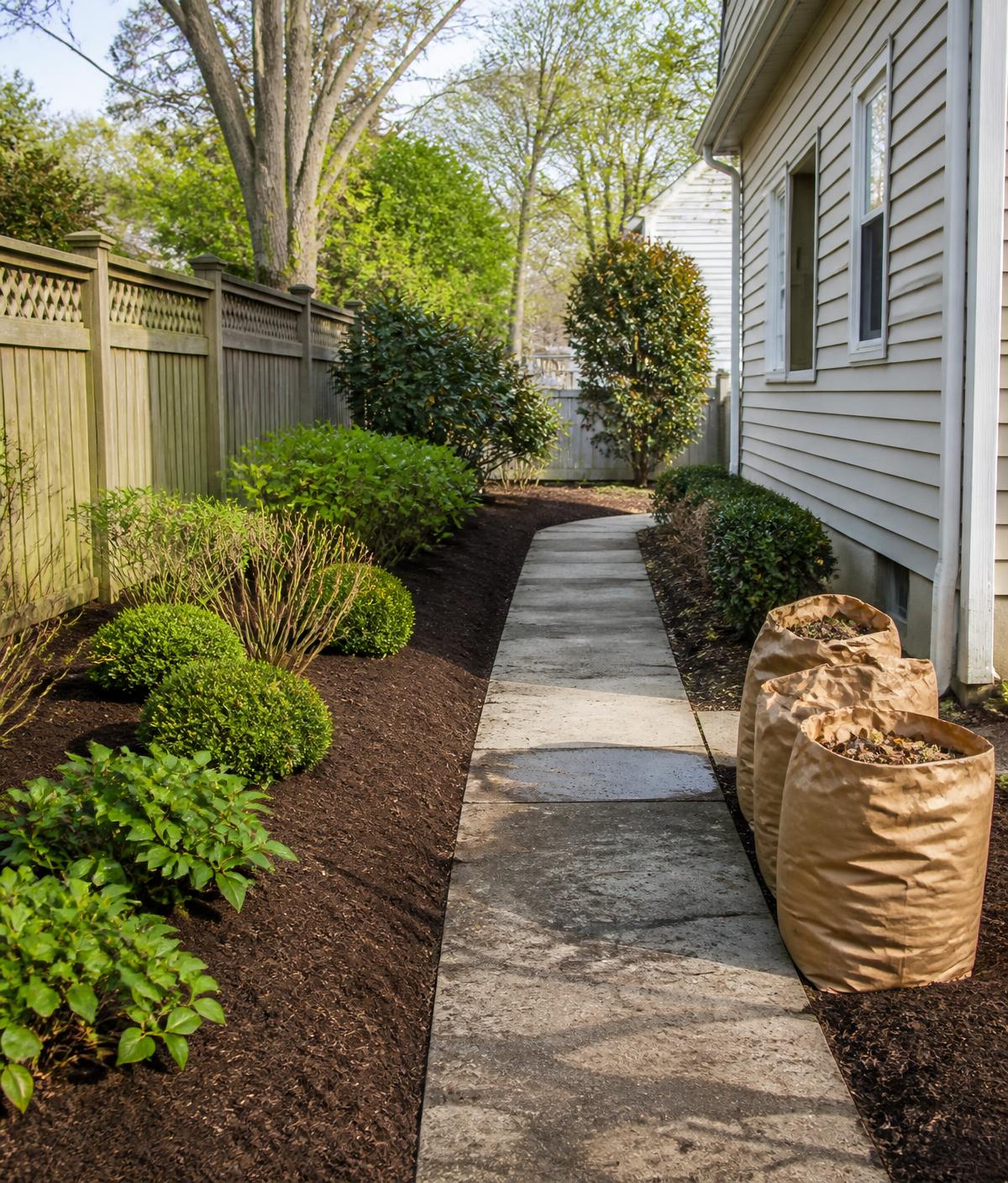 Side yard after a seasonal cleanup with debris bagged for hauling