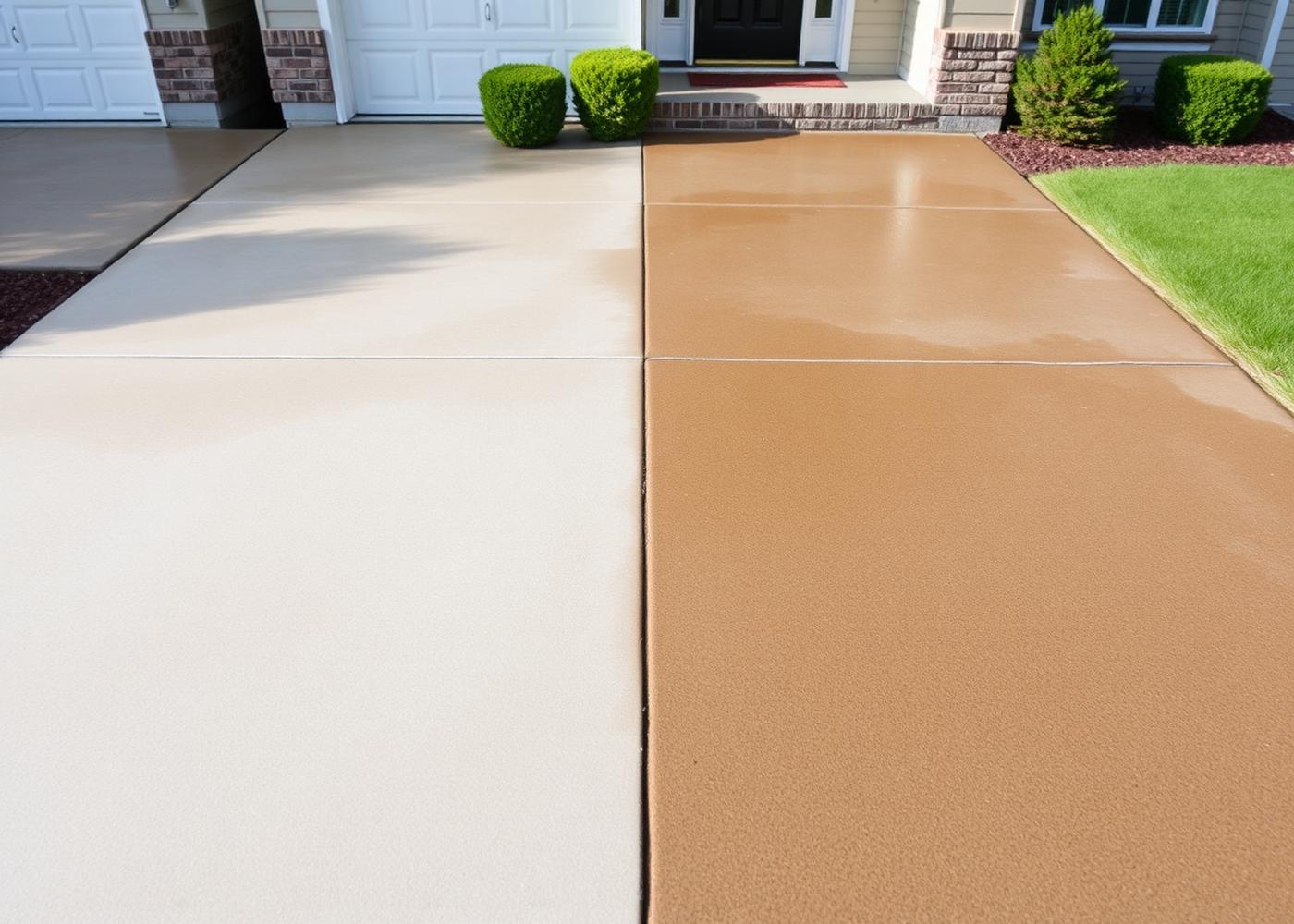 Driveway partway through pressure washing showing clean and dirty concrete